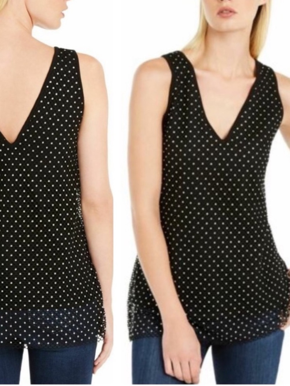 INC Rhinestone Black Mesh Glitz Runway Sleeveless Sparkly 2 Pc Tank Top M NWT